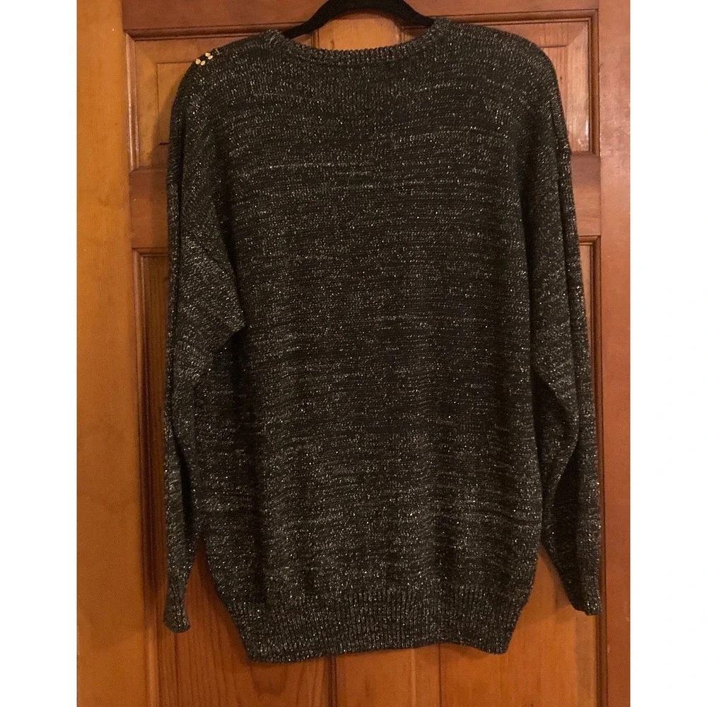 Vintage 80s Bonnie Bill Women L Black Sequin Velvet Geometric Knit Sweater Party